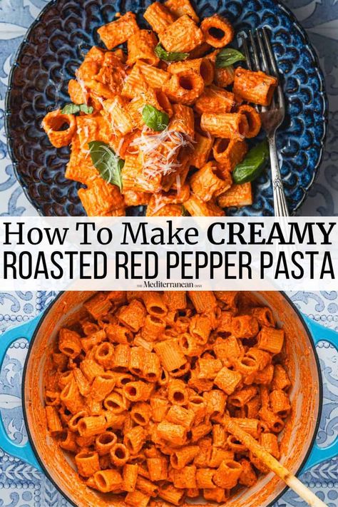 Roasted red pepper pasta takes a handful of pantry staples to make a rich, velvety pasta sauce in 10 minutes that tastes like it took all day. Roasted Red Pepper Goat Cheese Pasta, Roasted Red Pepper Ravioli, Pasta Sauce Vegetables, Spicy Rose Pasta, Roast Red Pepper Pasta, Pasta Recipes Mediterranean, Roasted Red Pepper Ricotta Pasta, Roasted Red Pepper Spaghetti Sauce, Roasted Pepper Recipes Dishes