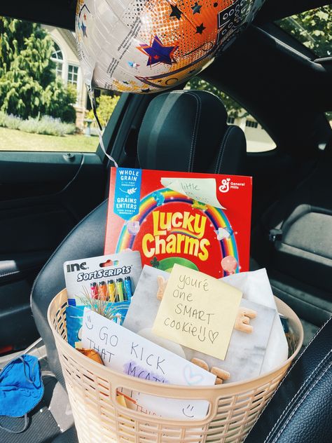 Funny little things to wish someone good luck on their test!  Includes:  -“you rock” balloon  - Lucky charms : “for extra luck”  - Excel gum: “since you’re going to excel”  - Breathe Candle: “something you need to do”  - Basket: “to toss all ur notes in after” - Skor bar: “hope you skor a good grade”  - Plant: “since you’re knowledge keeps on growing”  - Alcohol: “something to get you through before or after”  - Pencils: “since you never know when you may need them”  - Baked cookie: “you’re one Good Luck On Test Gift Basket, Good Luck Test Gift, Good Luck Basket For Boyfriend, Pride Gift Basket, Good Luck Gift Basket, Good Luck Basket, Good Luck Gift Ideas, College Basket, Words Of Encouragement For Kids