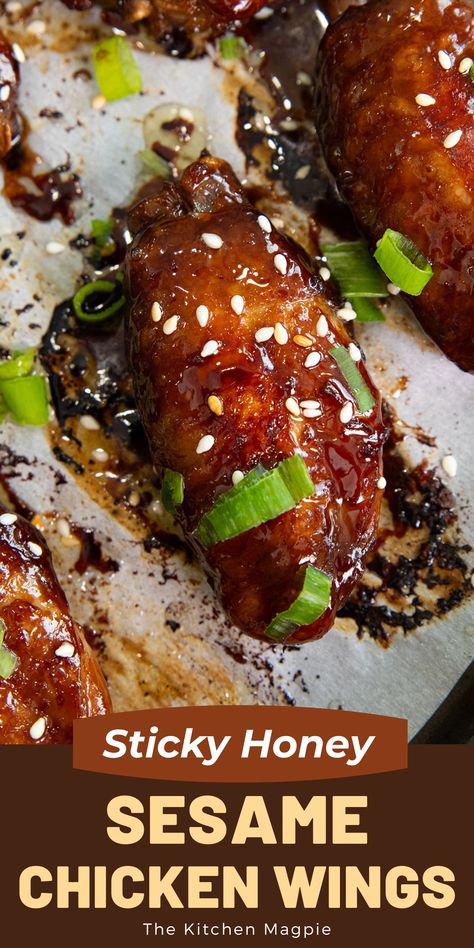 Baked Sticky Honey Sesame Chicken Wings Simple Delicious Appetizers, Pizza Wonton Cups, Sesame Chicken Wings Recipe, Sticky Honey Chicken, Thai Wings, Chicken Roulade Recipe, Sticky Wings Recipe, Sesame Chicken Wings, Honey Soy Chicken Wings