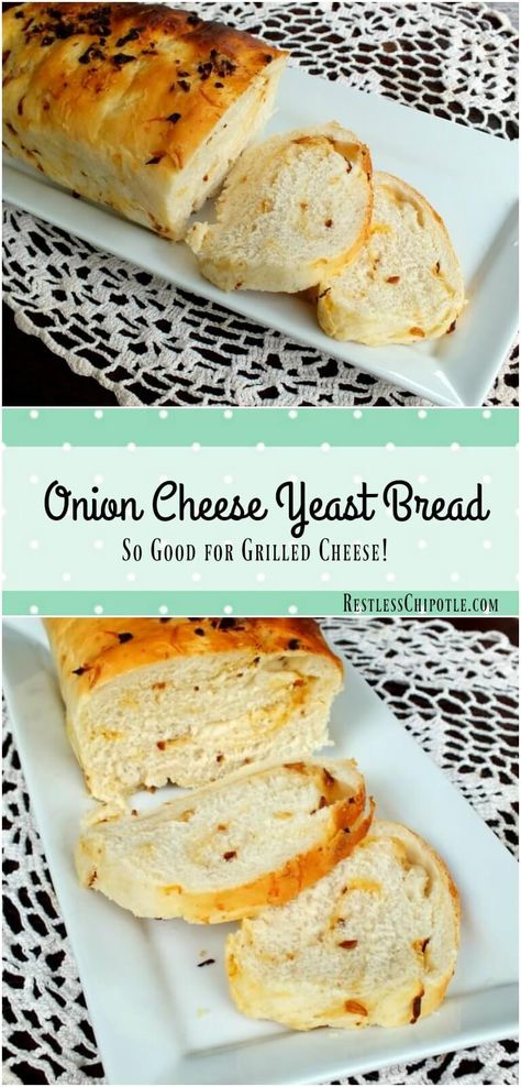 Homemade onion cheese yeast bread made with caramelized onions and cheddar. From… Restless Chipotle, Cheese Bread Recipe, Onion Bread, Bread Sourdough, Bread Maker Recipes, Yeast Bread Recipes, Savory Bread, Yeast Bread, Bread Machine Recipes