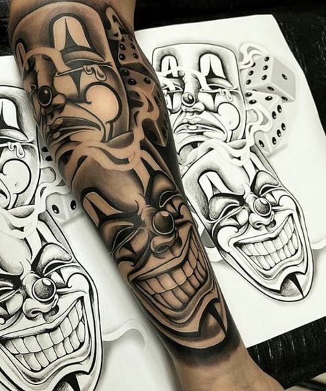 Tattoo Chicano Style, Cholo Tattoo, Half Sleeve Tattoo Stencils, Tato Dada, Half Sleeve Tattoos Forearm, Chicano Tattoos Sleeve, Gangsta Tattoos, Clown Tattoo, Money Tattoo