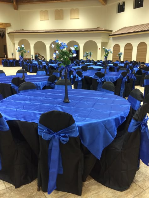 Jasmine Quinceanera hall décor royal blue black star theme Blue And Black Wedding, Royal Blue Theme, Royal Blue Wedding Decorations, Royal Blue Wedding Theme, Dark Blue Wedding, Black Wedding Decorations, Blue Wedding Decorations, Charity Ball, Centerpieces Party