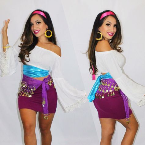 Unique one of a kind custom made Esmeralda costume - DIY. See Instagram account : @mandinasdesigns Esmeralda Halloween Costume, Diy Esmeralda Costume, Esmeralda Disney Costume, Genie Costume For Women, Esmeralda Costume, Workout 2023, Disney Fancy Dress, Esmeralda Disney, Costumes 2023