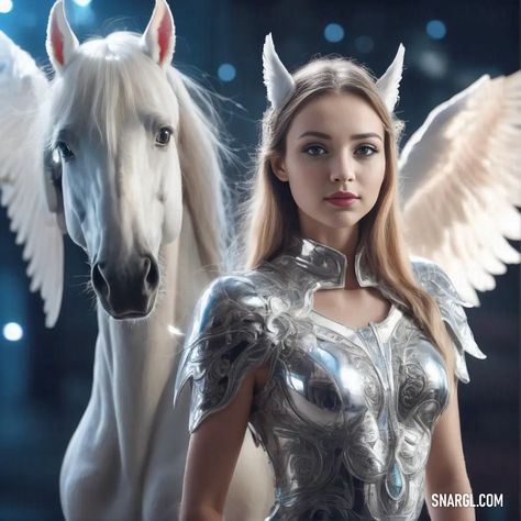 Pegasus in a silver dress standing next to a white horse with wings on its back. Magical, Pegasus. Pretty beauty, fashion and style. Follow us and visit our site for more amazing content! #bag #earrings #funny #coat #sweater #jewelry #necklace #boots #watch #creative #white #shoes #AI #lipstick #outfit Pegasus Costume, Lipstick Outfit, Sweater Jewelry, Person Riding Pegasus, Flying Pegasus, Horse With Wings, Pegasus Jewelry, Pegasus (mythology), Pegasus Necklace