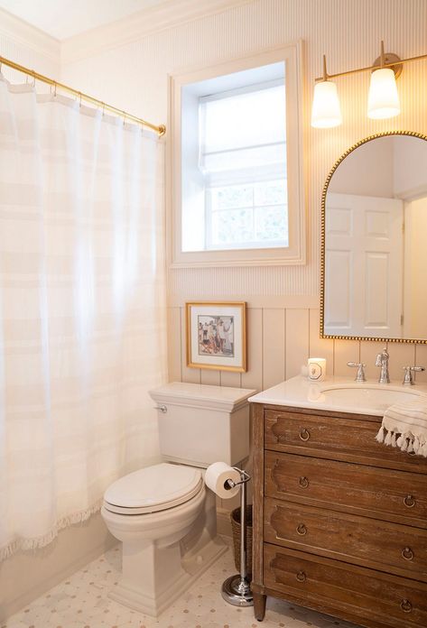 Small Windowless Bathroom Wallpaper, Allen And Roth Bathroom Vanity, L Shape Powder Room, Cottage Feel Bathroom, Neutral Natural Bathroom, Guest Bath Must Haves, Guest Washroom Decor Ideas, Farmhouse Vintage Bathroom, Luxury Boho Bathroom