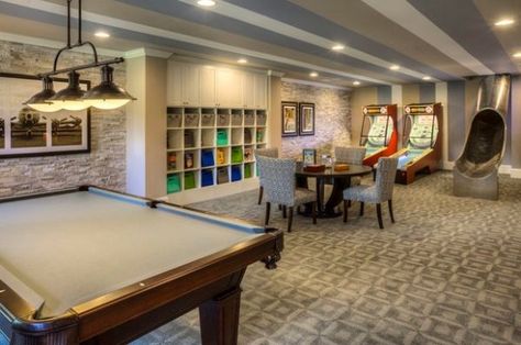 Indulge Your Playful Spirit with These Game Room Ideas Finished Basement Designs, Contemporary Basement, Basement Games, Modern Basement, Game Room Basement, Recreational Room, Home Remodeling Contractors, Basement Design Ideas, Basement Decor