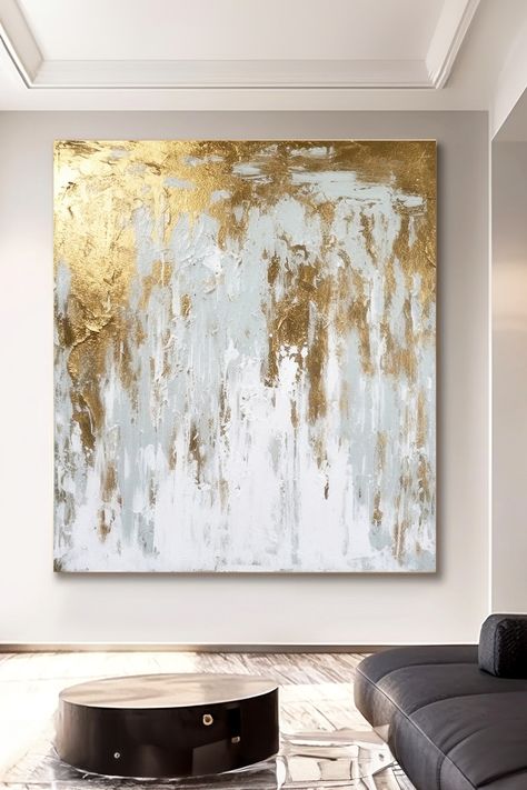 Original handmade gold leaf abstract painting with textured white and gold brushstrokes on canvas Leaf Abstract Painting, Leaf Abstract, Golden Painting, Gold Leaf Painting, Handmade Artwork, Luxury Decor, Color Theory, A White Background, Brush Strokes