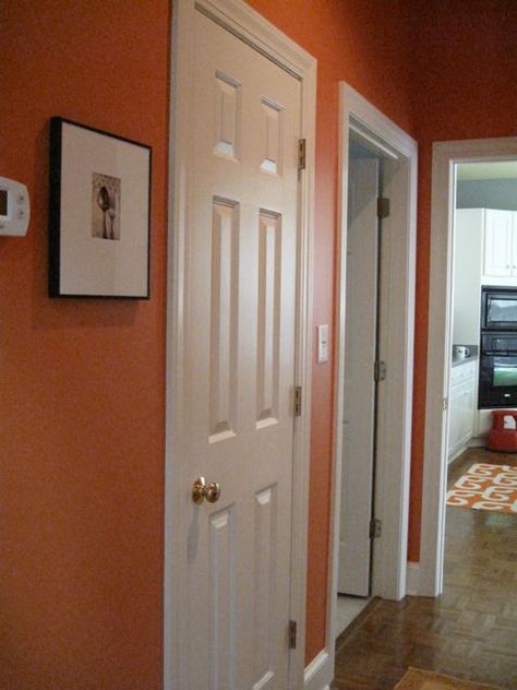 SHERWIN WILLIAMS COPPER HARBOR - An Eye For Detail Sherwin Williams Copper Harbor, Orange Cabinets, Copper Harbor, Coastal Condo, Orange Rooms, Sherwin Williams Colors, Hallway Ideas, Guest Bath, Wall Color