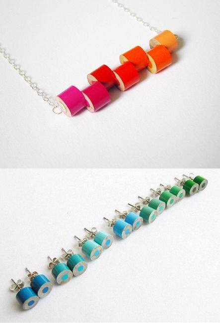 Jewelry made from colored pencils    By HuiYi Tan Cute Multicolor Jewelry For School, Colored Pencil Jewelry, Pencil Earrings Diy, Art Teacher Jewelry, Colored Pencil On Copper Jewelry, Pencil Jewelry, She Sells Seashells, Resin Ideas, Recycled Jewelry