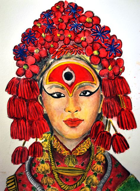 Kumari Goddess Painting, Kumari Goddess, Newari Culture, Dorm Room Posters, Meaningful Drawings, Bride Accessories, Goddess Art, Realistic Drawings, Room Posters