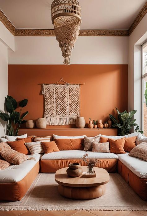 45 Chic & Modern Boho Living Room Ideas To Copy 28 Terracotta Home Decor Living Rooms, Moroccan Tile Fireplace, Living Room Terracotta, Cinema Bedroom, Champagne Living Room, Modern Boho Living Room Ideas, Terracotta Living Room, Zen Corner, Boho Rooms