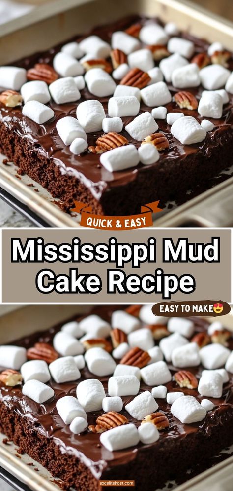 If you’re craving a rich and indulgent dessert, look no further than this Mississippi Mud Cake. With its fudgy chocolate cake base, gooey marshmallows, and luscious chocolate frosting, this dessert is a chocolate lover’s dream. The addition of pecans adds a delightful crunch, making this cake a true Southern classic. Mississippi Mud Cake With Box Cake, Dessert Ideas For Party, Mud Cake Recipe, Simple Cake Recipe, Dessert For A Crowd, Fudgy Chocolate Cake, Deserts Recipes, Puff Pastry Recipes Dessert, Mississippi Mud Cake