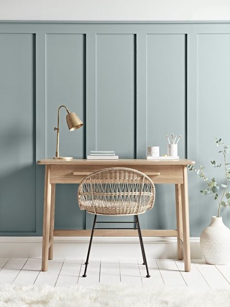 Study Panelling, Bun Maska, Kitchen Moodboard, Living Room Panelling, Swedish Blue, Dado Rail, Soundproof Room, Plain Curtains, Hall Closet