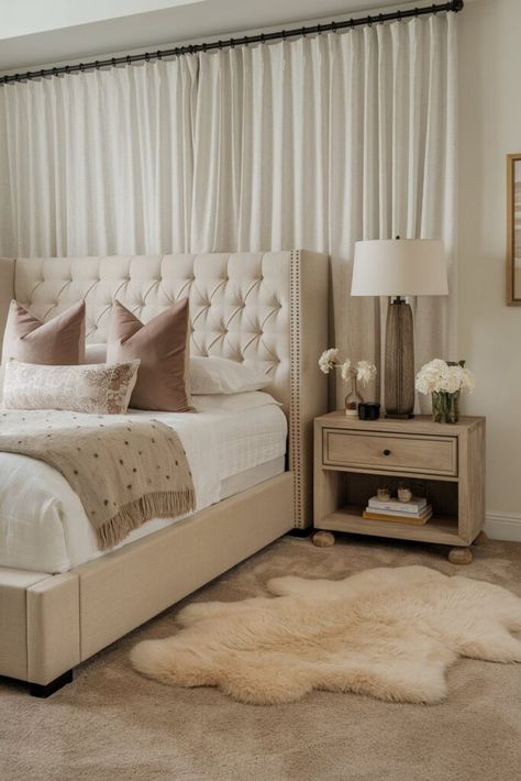 16 Beige Bedroom Ideas for a Cozy and Elegant Ambience - My Decor Inspo Beige Tufted Headboard Bedroom, Beige Bedroom Interior, Tufted Headboard Bedroom, Beige Bedroom Ideas, Bedroom Interior Ideas, Beige Headboard, Blue Bedroom Design, Simple Bedside Tables, Beige Living Rooms