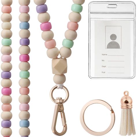 PRICES MAY VARY. Each bead is crafted from high-quality wood, showcasing unique grain patterns and natural beauty. Smooth, light-weight and comfortable to wear. The swivel snap hook clip keeps your badge visible at all times Each lanyard is paired with a premium suedette tassel to add a touch of sophistication to your look. Perfect neutral colors to go with any outfit Hanging length of lanyard: 19.5" (Include snap hook), wood bead diameter: 10mm. Inside of ID holder is 2.32"W x 3.46"H, comfortab Silicone Crafts, Lanyard Ideas, Teacher Lanyards, Beaded Peacock, Lanyard For Keys, Badge Lanyard, Comfort Gifts, Beaded Lanyard, Teacher Lanyard