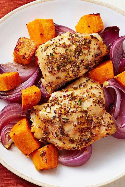 Quick Healthy Chicken Dinner, Chicken And Sweet Potatoes, Chicken Sweet Potatoes, Eating Well Recipes, 5 Ingredient Dinners, Healthy Chicken Dinner, Chicken Sweet Potato, Sheet Pan Dinners, Sheet Pan Recipes