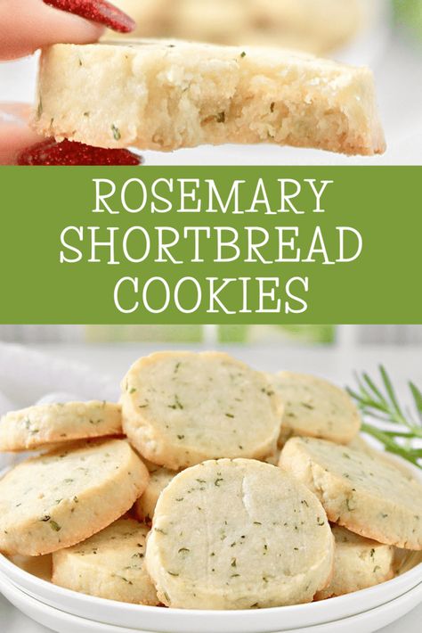 Rosemary Cookies ~ Deliciously buttery shortbread cookies studded with fresh rosemary. Easy to make perfect as a savory treat with hot tea! Shortbread Cookies In A Pan, Rosemary Butter Cookies, Rosemary Honey Shortbread, Lemon Rosemary Shortbread, Rosemary Shortbread Cookies Recipe, Desserts With Rosemary, Shortbread Decorating Ideas, Herb Shortbread Cookies, Savoury Shortbread Cookies