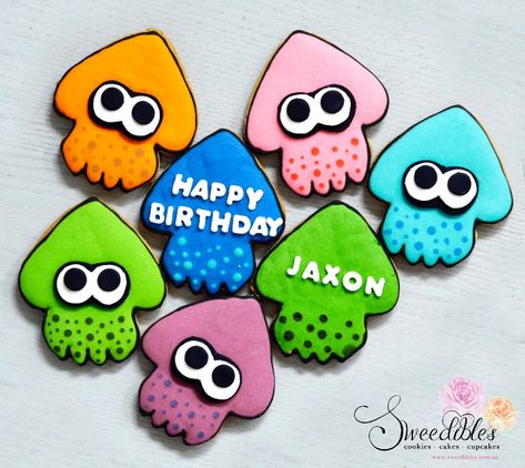 Splatoon Cookies, Splatoon Food, Goth Food, Splatoon Party, Sports Cookies, 8th Birthday Cake, Cookie Ideas, 9th Birthday, Bday Ideas