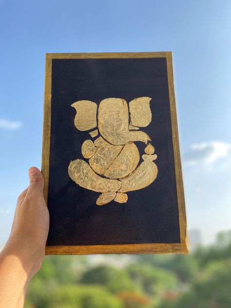 Acrylic art made with golden foil. Gold Foil Art Canvas, Lord Ganesha Art, Gold Foil Art, Ganesha Art, Brass Statues, Foil Art, Lord Ganesha, Acrylic Art, Ganesha