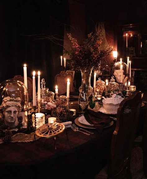 Blackwood Castle Clothing on Instagram: "@houseofbizarium’s dining room is an absolute feast for the eyes… we are obsessed with their decor! 😍🩸 . . . #BWC #blackwoodcastle #sustainableclothing #sustainablefashion #victorianfashion #witchyaesthetic #gothicfashion #gothicstyle #gothicoutfit #witchythings #alternativecurves #witchyfashion #crimsonpeak #plussizefashion #veganclothing #victorianstyle #veganfashion #darkromanticism #darkacademia #slowfashion" Victorian Table Setting, Gothic Dining Room, Gothic Dinner, Gothic Table, Entertaining Tablescapes, Dining Room Victorian, Victorian Table, Dark Christmas, Dinner Table Decor