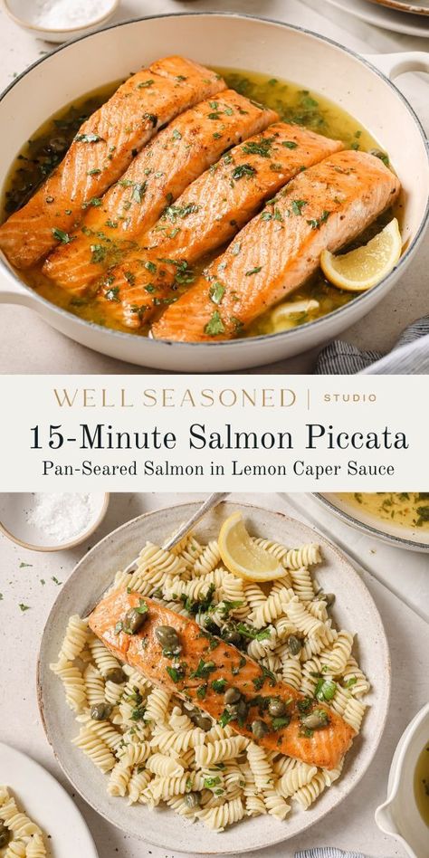 Easy and flavorful, this Salmon Piccata takes just 20 minutes to make and is so tender and flaky! Crispy pan-seared salmon filets are served in a tangy and zesty lemon and white wine sauce. Top the pan-cooked salmon with chopped parsley and capers for an elegant, healthy salmon dinner. #wellseasonedstudio #salmon #piccata #piccatasauce Pan Cooked Salmon, Healthy Salmon Dinner, Salmon Piccata, Cooked Salmon, Salmon Filets, Lemon Caper Sauce, Piccata Recipe, Frozen Salmon, Salmon Seasoning