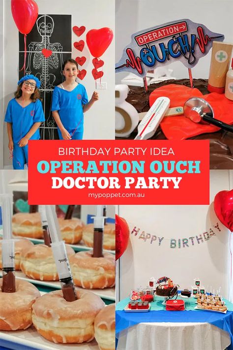 Operation Ouch Birthday - Doctor Themed Party | My Poppet Living Doctor Birthday Cake, Medical School Graduation Party Ideas, Doctor Graduation Party, Medical Themed Parties, Medical Party, Doctor Birthday, Doctor Party, Nurse Party, Medical Theme