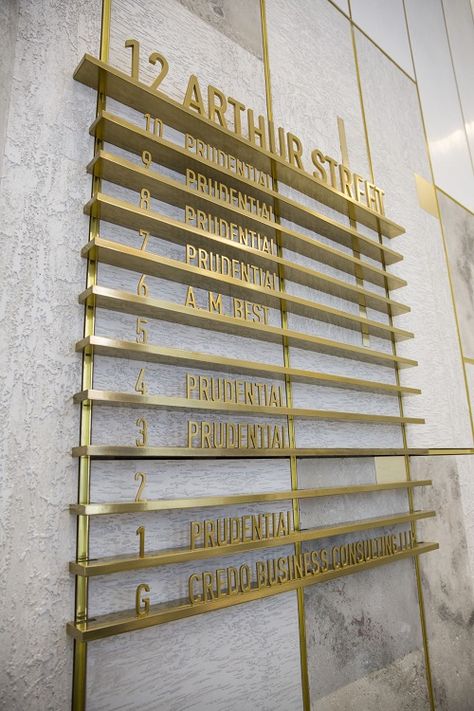 Signbox delivers stunning brass-effect directory for prestigious London office building 12 Arthur Street Office Wayfinding, Directory Signage, Monument Signage, Environmental Graphics Signage, Directory Signs, Signage Wayfinding, Signage Board, Wayfinding Signage Design, Office Signage