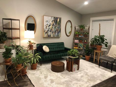 Emerald Boho Living Room, Brown And Green Boho Living Room, Black With Plants Room, Green Black Gold Wood Living Room, Black Gold Green Apartment, Afro Boho Decor, Asian Inspired Living Room, Green Curtains Living Room, African Decor Living Room