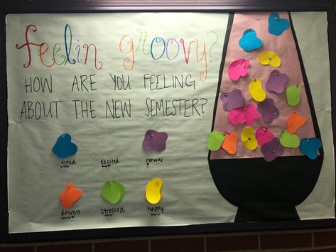 Bulletin board with white backing paper titled “Feelin groovy?” with a big lava lamp and rainbow colored lava cutout shapes. Each color represents a mood and residents can pin their mood to the lava lamp to show how they’re feeling about the new semester. Lava Lamp Bulletin Board, September Bulletin Board Ideas College, June Bulletin Board, Easy Ra Bulletin Boards Simple, Sel Interactive Bulletin Board, Groovy Bulletin Board, Easy Ra Bulletin Boards, Interactive Ra Bulletin Boards, January Ra Bulletin Boards