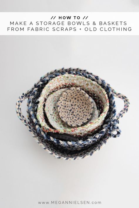 How to make beautiful storage bowls and baskets from your fabric scraps and worn out old clothing // Megan Nielsen Design Diary Crochet Basket Diy, Coiled Fabric Basket, Coiled Baskets, Fabric Bowls, Small Sewing, Beautiful Storage, Quilt Projects, Diy Basket, Diy Tote Bag