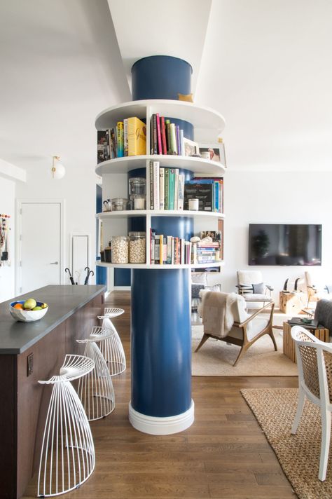 A custom bookshelf built around a structural column makes a unique design  statement. Louisa had Column Shelves, Column Decor, Unique Bookshelf, Columns Decor, Column Decoration, Unique Bookshelves, Custom Bookshelves, Reading Corners, Bookshelf Ideas