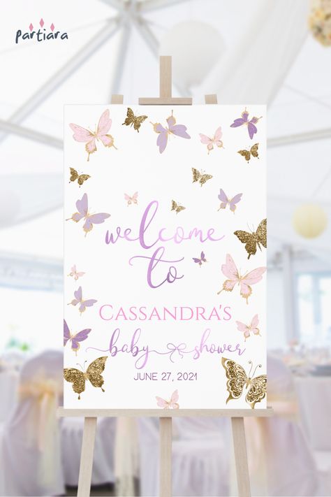 Self-editable 20x30” welcome sign - follow the link for details and free demo! ♦ Easily edit online in your browser then download and print or send digitally ♦ An elegant baby shower welcome sign with a lovely purple, pink, and gold butterfly design – Check our website for our matching designs to create the perfect party theme ♦ #pinkbutterflybabyshower #pinkpurplepartytheme #butterflybabyshower #pinkbutterflytheme #girlbabyshower #babyshowerideas #editablesign #printablesign Butterfly Theme Party, Poster Decoration, Butterfly Birthday Party, Butterfly Baby Shower, Butterfly Party, Poster Decor, Butterfly Theme, Welcome Poster, Butterfly Birthday