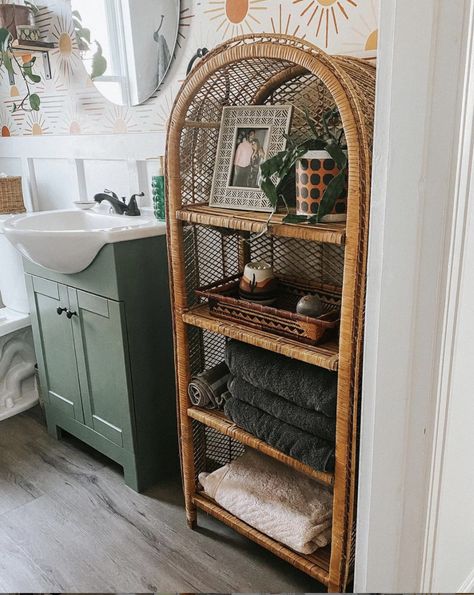 Shelf In Bathroom, Bamboo Shelf, Wicker Shelf, Shelf Bathroom, In Bathroom, Bathroom Renos, Bathroom Shelves, Western Decor, Ladder Decor