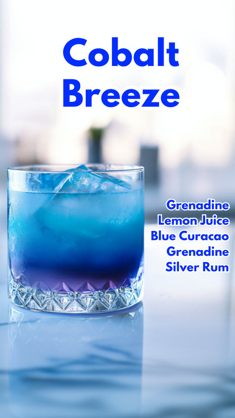 Cobalt Breeze Blue Curacao Cocktails, Blue Cocktail Drinks, Blue Curacao Drinks, Dark Rum Cocktails, Cocktails Made With Rum, Cocktail Cards, Blue Curacao Liqueur, Bartender Drinks Recipes, Blue Drinks