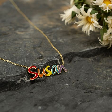 Name Pendant Design, Pride Necklace, Rainbow Names, Name Pendant, Name Necklaces, Necklace Colorful, Die Cut Machines, Name Jewelry, Colourful Necklace