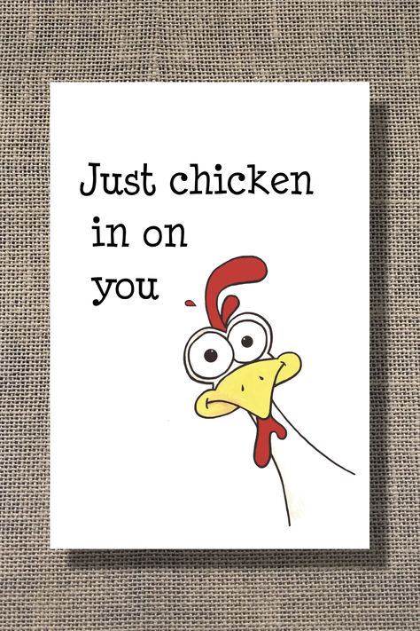 Just chicken in on you! Funny greeting card is great birthday, get well, encouragement, friendship, or anytime card. Personalize it with your own custom message printed inside! High quality card is hand drawn and printed on heavy weight card stock; both card and envelope are eco-friendly recycled paper. Visit my Etsy shop for more great cards! An Nou Fericit, Funny Encouragement, Anniversary Message, Funny Postcards, Pun Card, Funny Greetings, Chicken Humor, Bath Ideas, Funny Greeting Cards