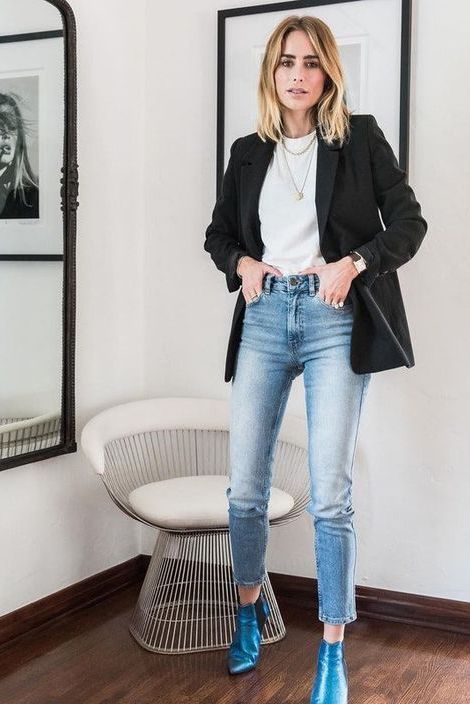 Casual Chique Stijl, How To Wear Blazers, Job Interview Outfit, Mode Shoes, Perfect Denim, Power Dressing, Outfit Jeans, Looks Street Style, Denim Trends