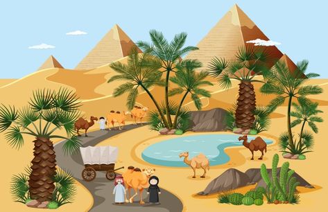 Desert oasis with palms nature landscape... | Free Vector #Freepik #freevector Cartoon Road, Save Energy Poster, Nature Cartoon, Pyramids Egypt, Islamic Kids Activities, Desain Buklet, Preschool Art Activities, Trees Nature, Desert Oasis