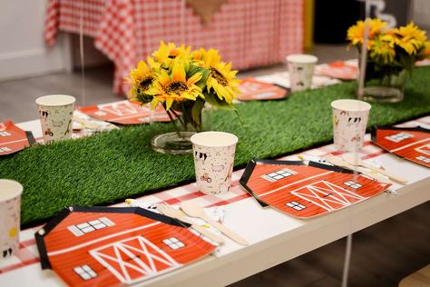 Farm Birthday Table Set Up, Farm Party Centerpiece Ideas, Barnyard Birthday Party Decorations, Farm Birthday Party Ideas, Birthday Chicken, Picnic Table Decor, Chicken Party, Barnyard Bash, Farm Themed Party