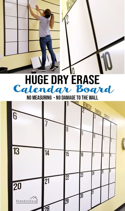 DIY - HUGE dry erase calendar board Under $60 - Great use of a big empty wall space in an office! Huge Wall Calendar, Diy Wall Calendar Dry Erase, Classroom Calendar Diy, Diy Wall Calendar Ideas, Productivity Wall, Diy Whiteboard, Big Calendar, Dry Erase Wall Calendar, Large Calendar