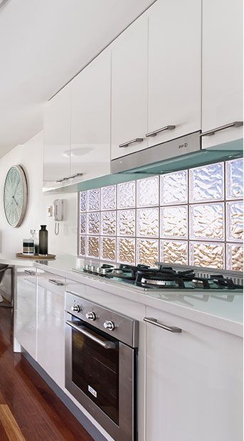 Acrylic Block Window in Modern Kitchen . Modern decor . Modern design, Architecture. renovations. remodel. Window treatments. Vitroblock Ideas, Glass Block Kitchen, Backsplash Window, Window Backsplash, Modern Kitchen Window, Privacy Windows, Glass Blocks Wall, Kitchen Window Design, Glass Block Windows