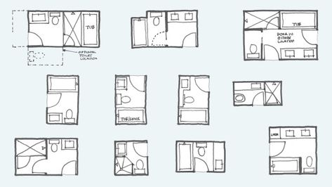 Common Bathroom Floor Plans: Rules of Thumb for Layout – Board & Vellum Small Ensuite Layout, Ensuite Layout, Bathroom Floorplan, Small Bathroom Floor Plans, Small Bathroom Plans, Master Bath Layout, Bathroom Layout Ideas, Small Ensuite, Bathroom Layout Plans