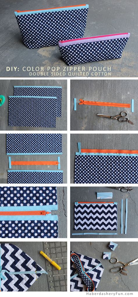 DIY.. Color Pop Zipper Pouch | Haberdashery Fun: Riley Blake Designs Quilted Cotton #rileyblakedesigns #quiltedcotton Diy Zipper Pouch, Diy Pouch No Zipper, Diy Pencil Case, Sac Diy, Diy Pencil, Pouch Tutorial, Sew Ins, Costura Diy, Sewing Purses