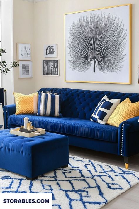 Thinking of decorating with a blue sofa? Find out how to create a chic and cozy living room. Which accent pieces catch your eye? Visit storables.com for more ideas! #BlueSofaStyle #LivingRoomDecor #DIYHome #HomeDesignIdeas #InteriorInspiration Uredenje Dnevnog Boravka, Living Room With Blue Sofa, Room With Blue Sofa, Living Room Inspiration Cozy, Blue Couch Living, How To Decorate Living Room, Blue Sofas Living Room, Blue Couch Living Room, Couch Living Room Ideas