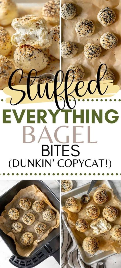 Skip the drive-thru with these homemade, grab and go stuffed everything bagel bites! With three ingredients, this recipe is a quick and easy Dunkin copycat that makes the perfect quick and easy breakfast option. Whether you call them bagel bites, bagel holes, or bagel bombs, all you'll need is 30 minutes, and an air fryer! Homemade Stuffed Bagel Bites, Tortilla Bagel Bites, Air Fried Bagel Bites, Everything Bagel Buns, Dunkin Bagel Minis Recipe, Dunkin Bagel Bites, Everything Bagel Bits, Air Fryer Bagel Bites, Stuffed Bagel Bites Recipe