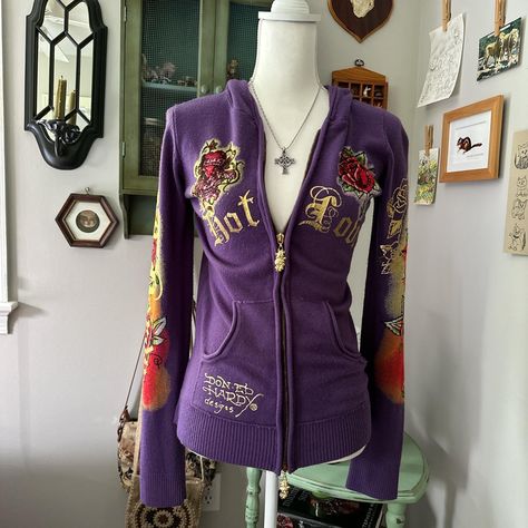 Look what I just found on Depop 🙌 https://depop.app.link/IUKC5hiq6zb Christian Audigier Outfit, Purple Hoodie Outfit, 2000s Ed Hardy, Ed Hardy Hoodie, 2000 Clothes, Y2k Ed Hardy, Mcbling Fashion, Purple Y2k, Trashy Outfits