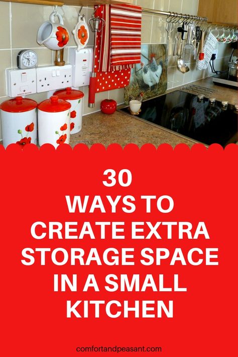 30 brilliant ideas & tips for how to create extra storage space in a small kitchen. #Dishes #Organization #Cupboards #Knives #Pots #Shelves #Homekeeping #Countertops #PotRacks #Pantry Organize A Small Kitchen, Small Kitchen Storage Ideas, Small Cupboard, Kitchen Storage Ideas, Comfortable Kitchen, Small Kitchen Organization, Small Kitchen Storage, Kitchen Hacks Organization, Inspire Me Home Decor