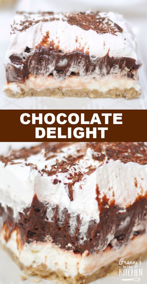 Chocolate Delight Recipe, Chocolate Layer Dessert, Graham Cracker Dessert, Cracker Dessert, Cool Whip Desserts, Layered Dessert, Chocolate Pudding Recipes, Easy Chocolate Desserts, Fluff Desserts