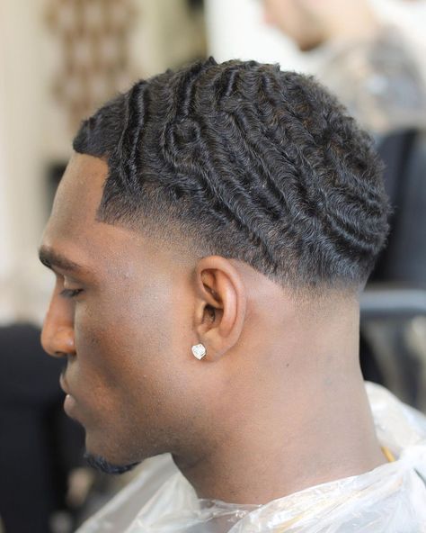 Low Waves Hair, Waves With Taper Fade, Low Cut Ceaser With Deep Waves, Taper Fade Haircut Waves, Wave Haircuts For Black Men, 360 Waves Men Taper, Taper Waves Haircut, Black Men Waves Haircut, Low Taper Waves