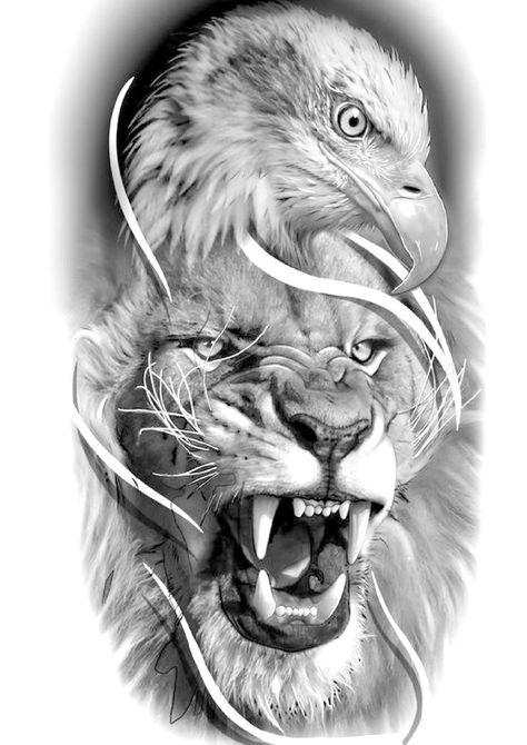 Lion And Eagle Tattoo Design, Eagle And Lion Tattoo, Leo Lion Tattoos, Eagle Sketch, Bald Eagle Tattoos, Tattoo Eagle, Leg Sleeve Tattoos, Lion Art Tattoo, Leg Tattoo Ideas